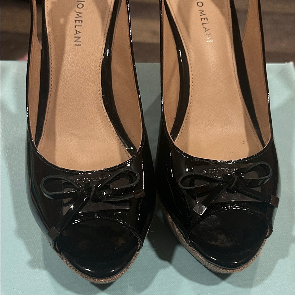 ANTONIO MELANI Black Patent Peep Toe Heels